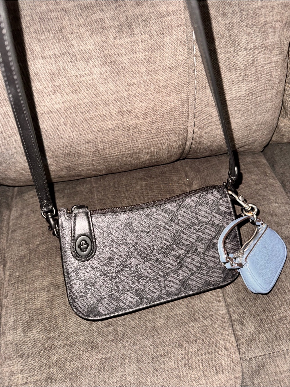 Coach Black Signature Crossbody Bag with Light Blue Charm